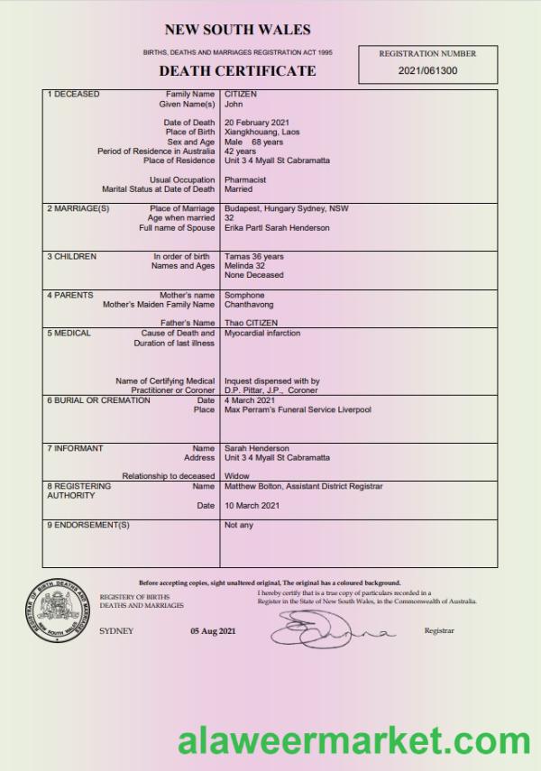 Australia New South Wales Death Certificate template in Word and PDF format
